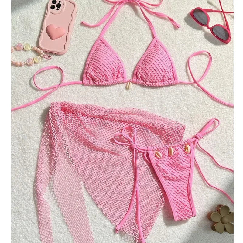 Sexy 3-teiliges Brazilian Bikini Set – Damen Push-Up Badeanzug mit Strandrock & Low-Waist Slip